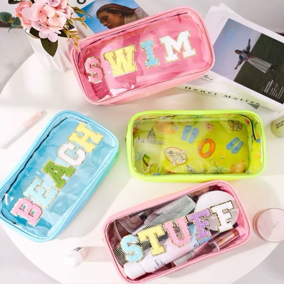 Pink “SWIM” Transparent Cosmetic Bag - Patched Lettering - Picture 3 of 4